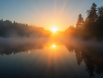 Golden Sunrise Over A Misty Forest Lake