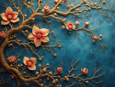 Golden Tree Branches With Pink Flowers On Blue Background