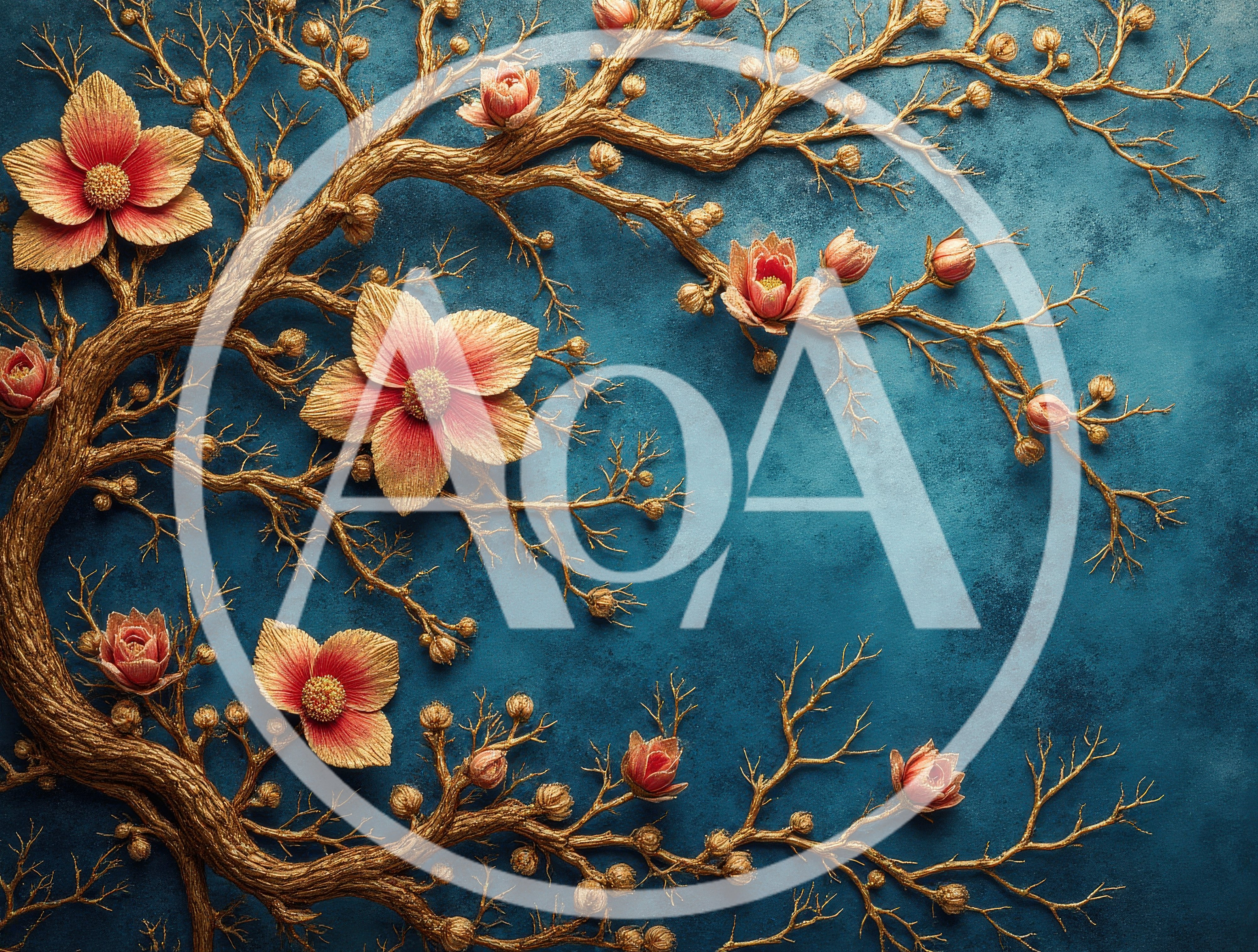 Golden Tree Branches With Pink Flowers On Blue Background