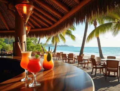 Tropical Beach Bar With Cocktails At Sunset