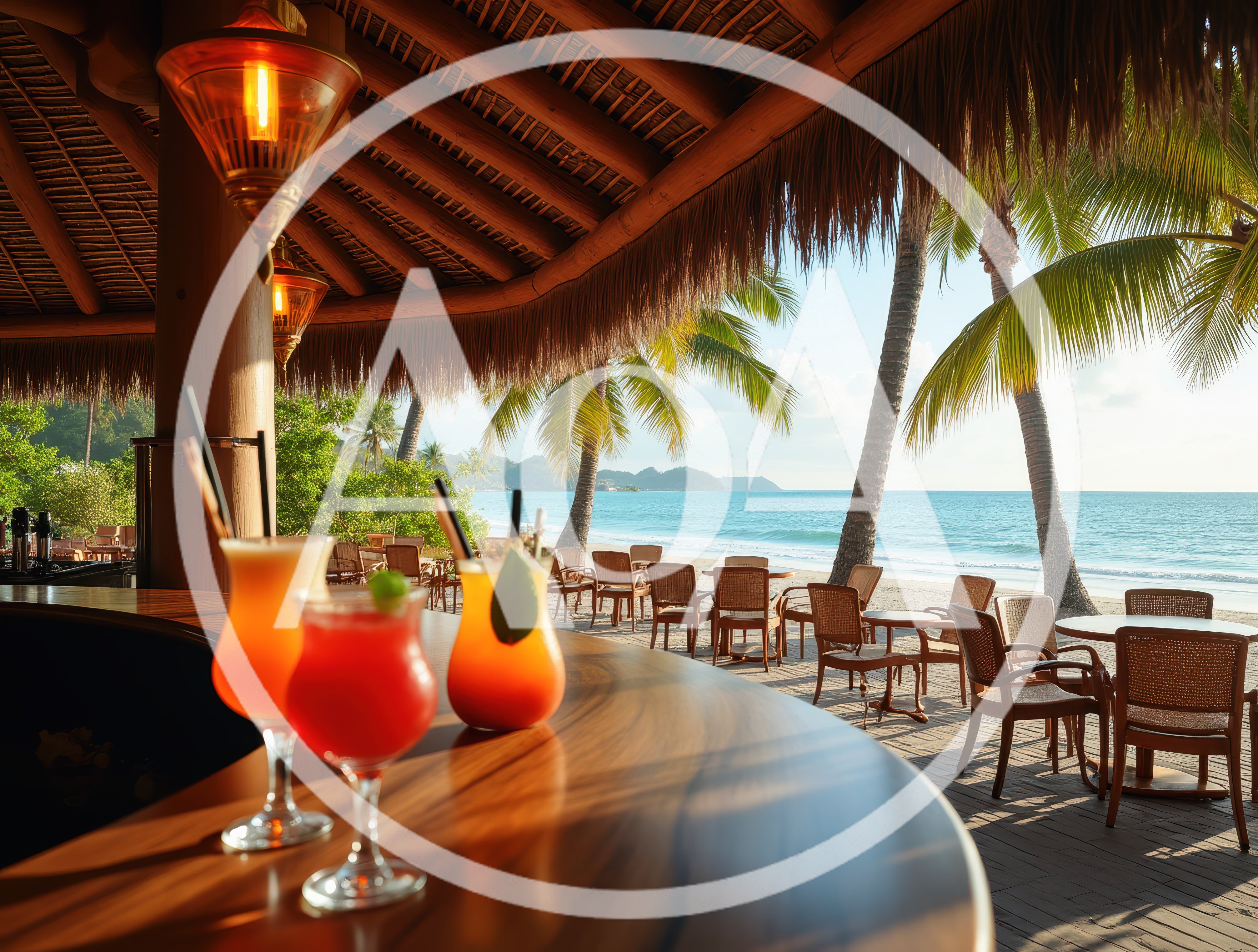 Tropical Beach Bar With Cocktails At Sunset