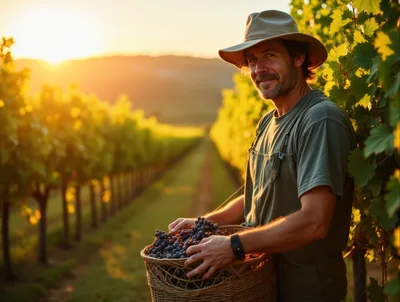 Smiling Farmer Harvesting Grapes in a Sunny Vineyard