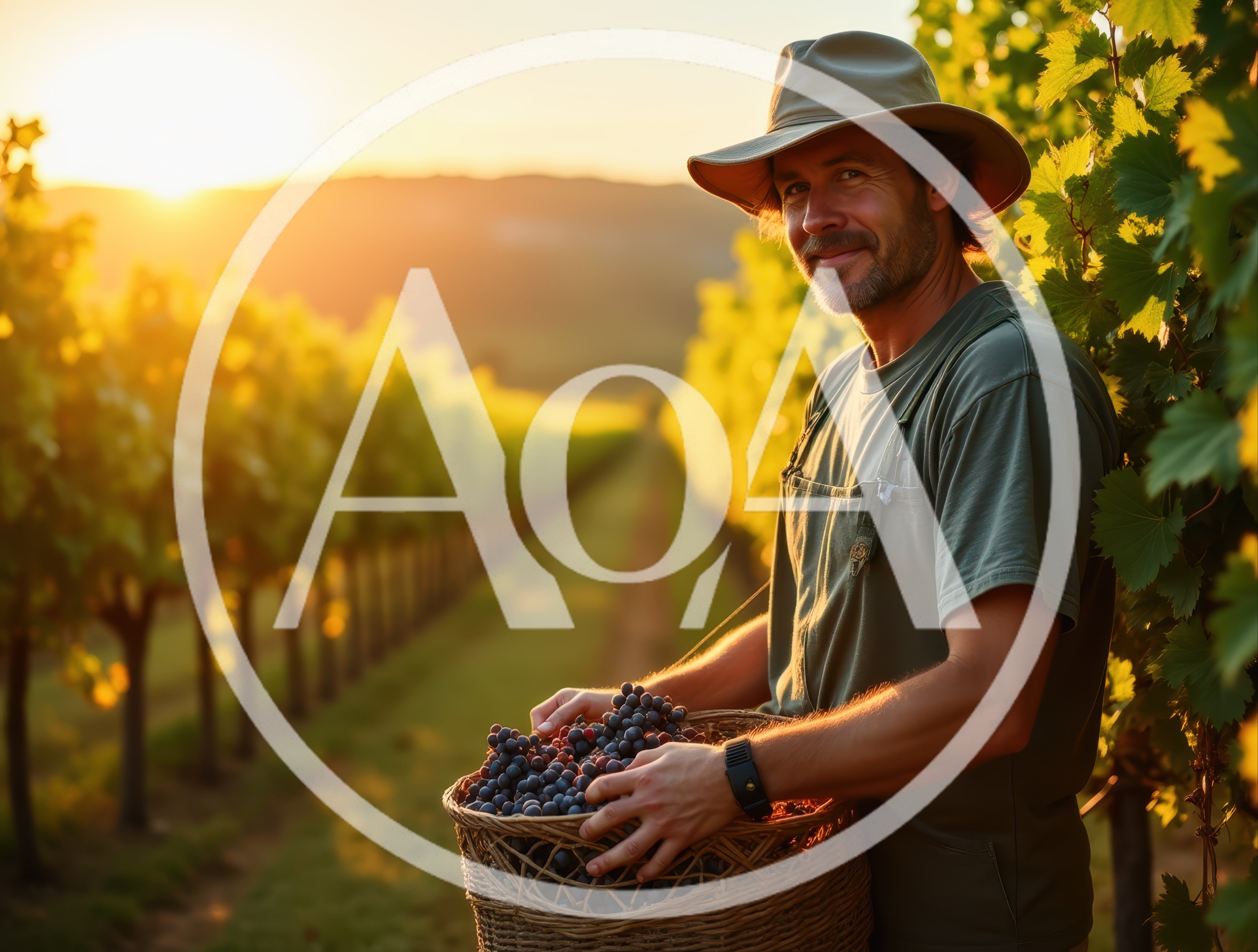 Smiling Farmer Harvesting Grapes in a Sunny Vineyard