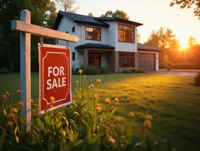 For Sale Real Estate Sign In Front Of Modern House