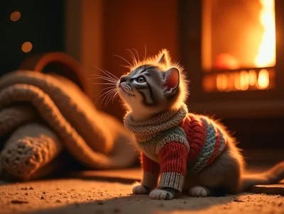 Cute Tabby Kitten Wearing A Knitted Sweater By Fireplace