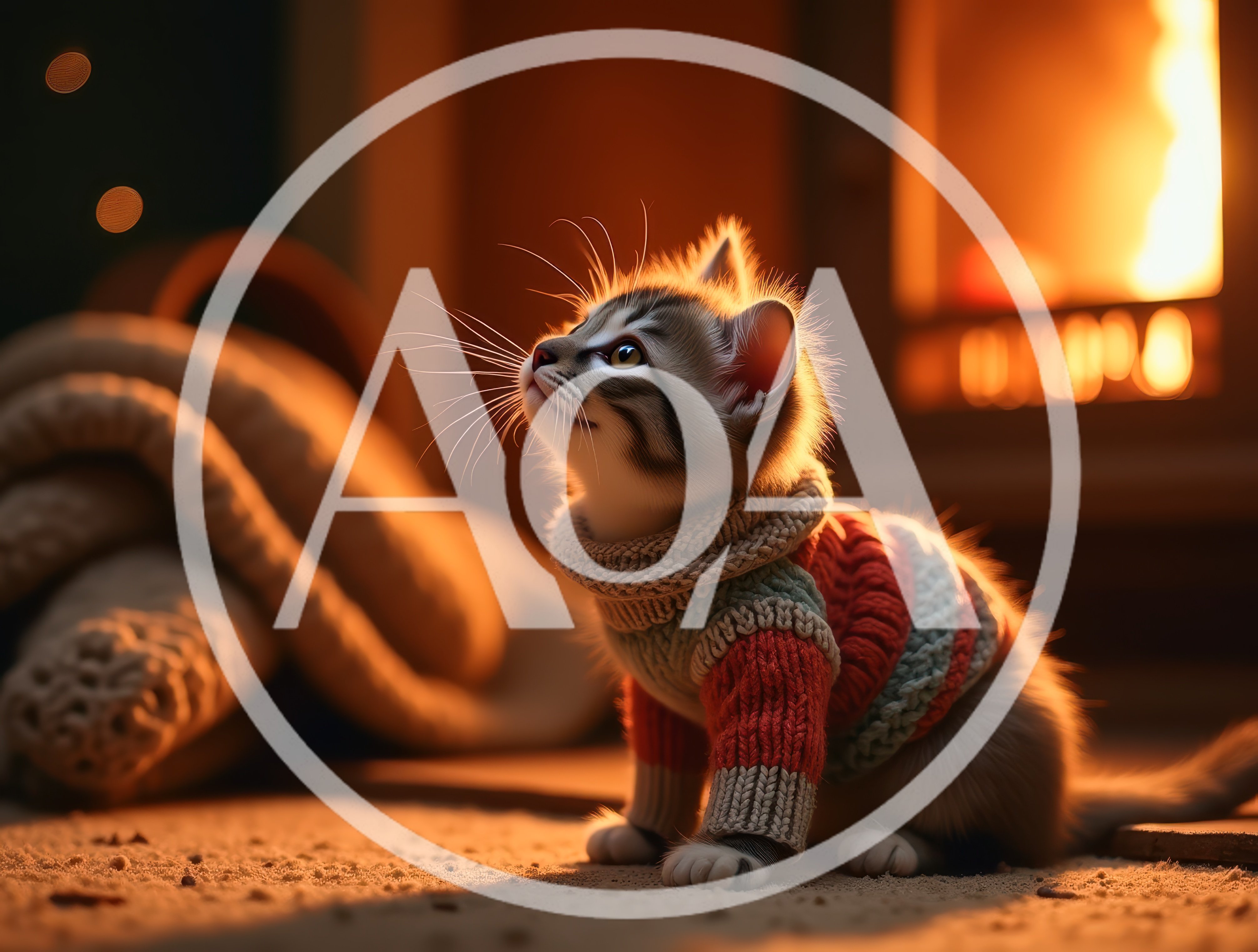 Cute Tabby Kitten Wearing A Knitted Sweater By Fireplace