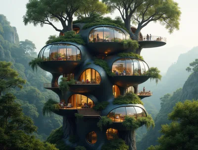 Futuristic Treehouse Architecture In Lush Mountain Landscape