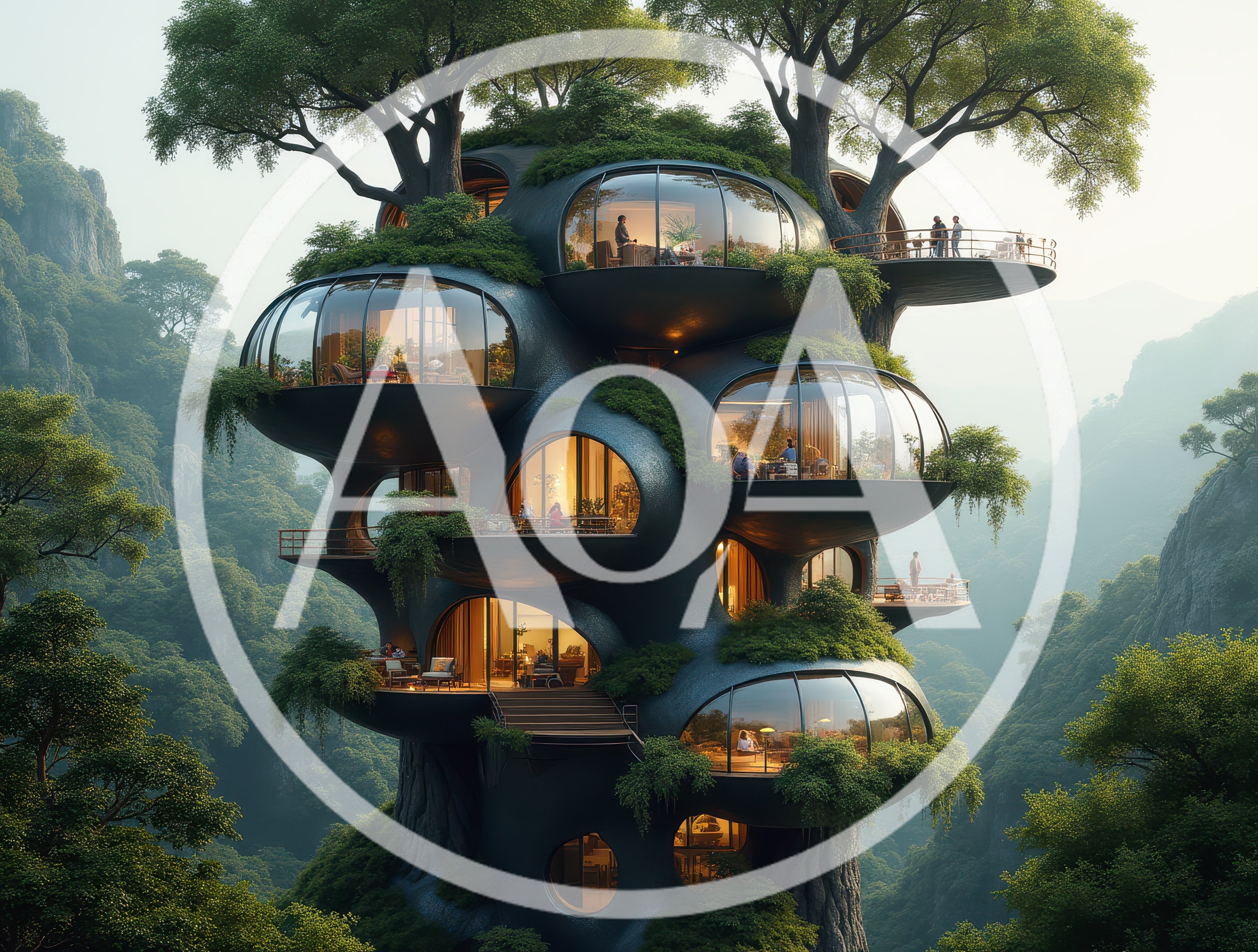 Futuristic Treehouse Architecture In Lush Mountain Landscape