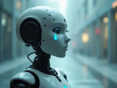 Crying White Android Robot Head In Urban Setting