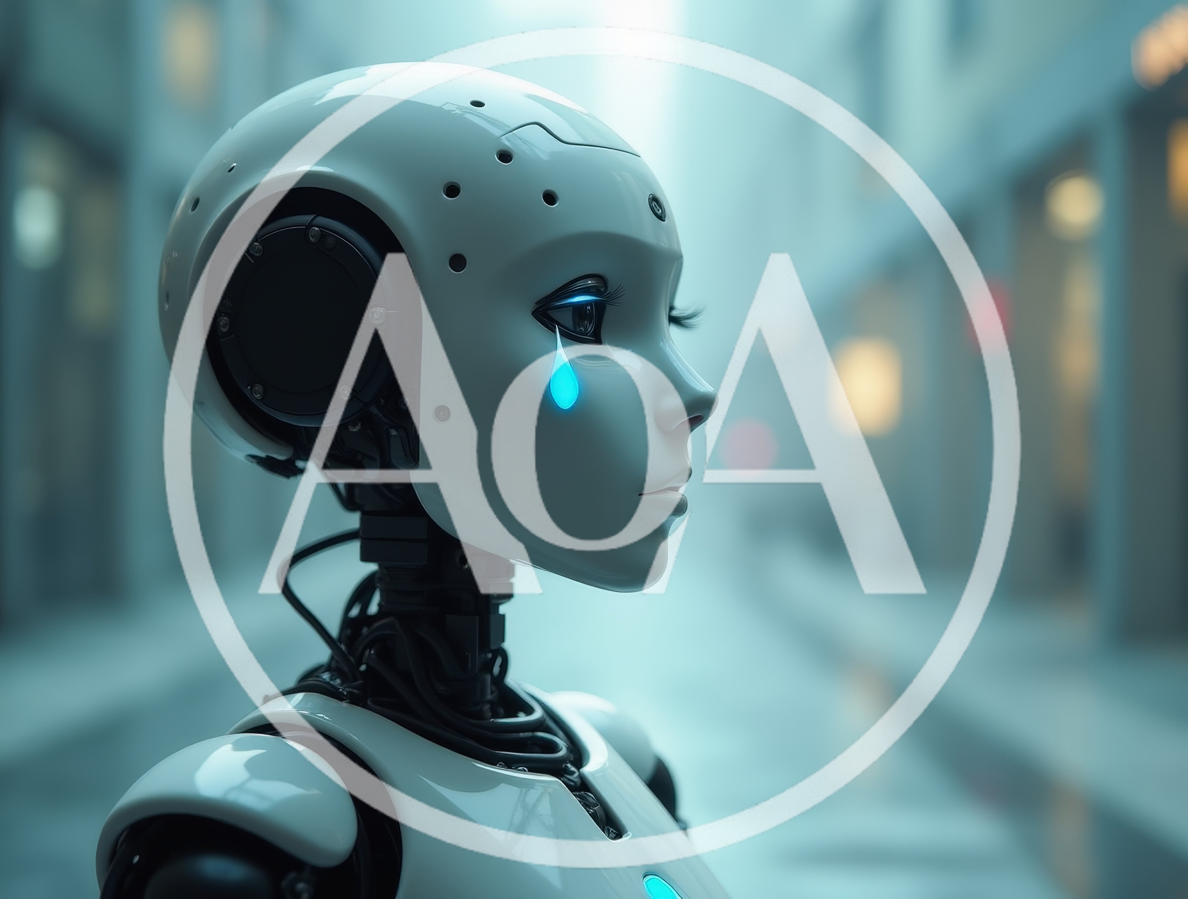 Crying White Android Robot Head In Urban Setting