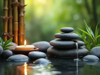 Zen Stone Stack With Water Feature And Candle
