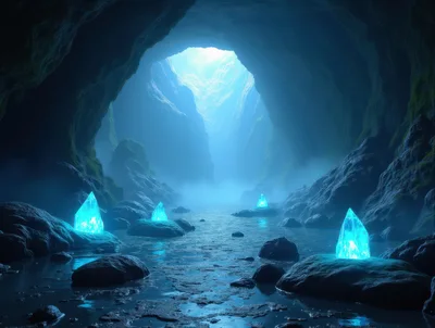 Glowing Blue Crystals Inside A Misty Cavern