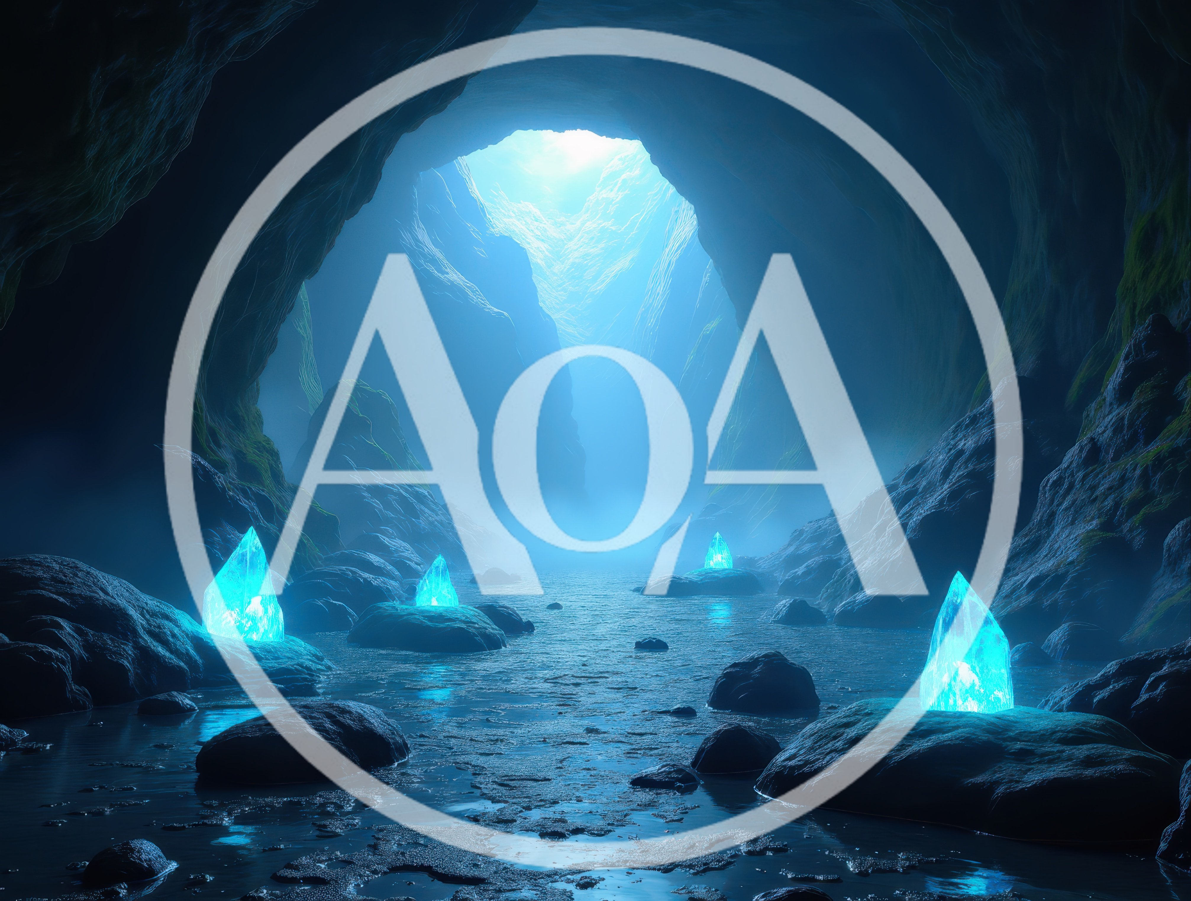 Glowing Blue Crystals Inside A Misty Cavern