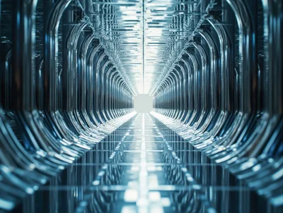 Futuristic Metallic Corridor With Glowing Light Tunnel