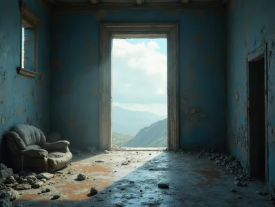 Abandoned Room With Mountain View Through Open Doorway