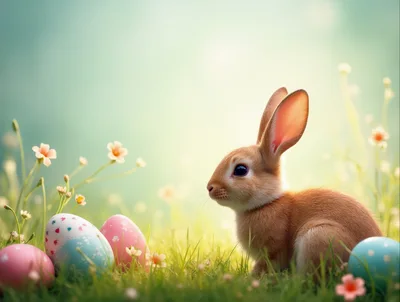 Cute Brown Bunny Sitting With Easter Eggs In Grass