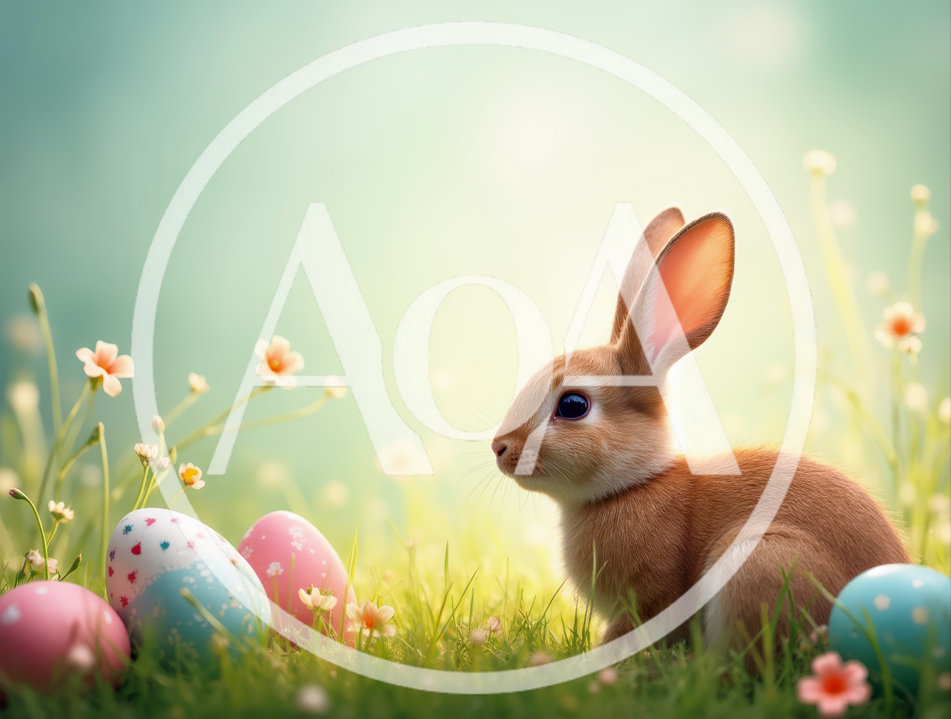 Cute Brown Bunny Sitting With Easter Eggs In Grass