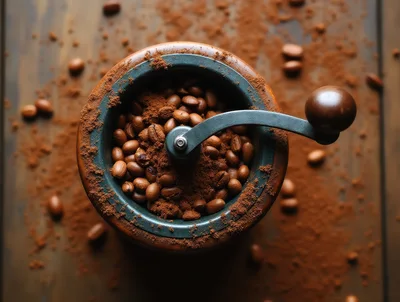 Manual Coffee Grinder Filled With Roasted Coffee Beans