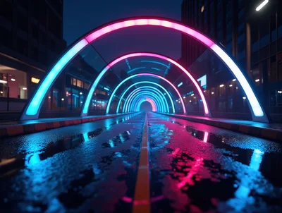 Futuristic Neon Tunnel With Reflective Wet Roadway