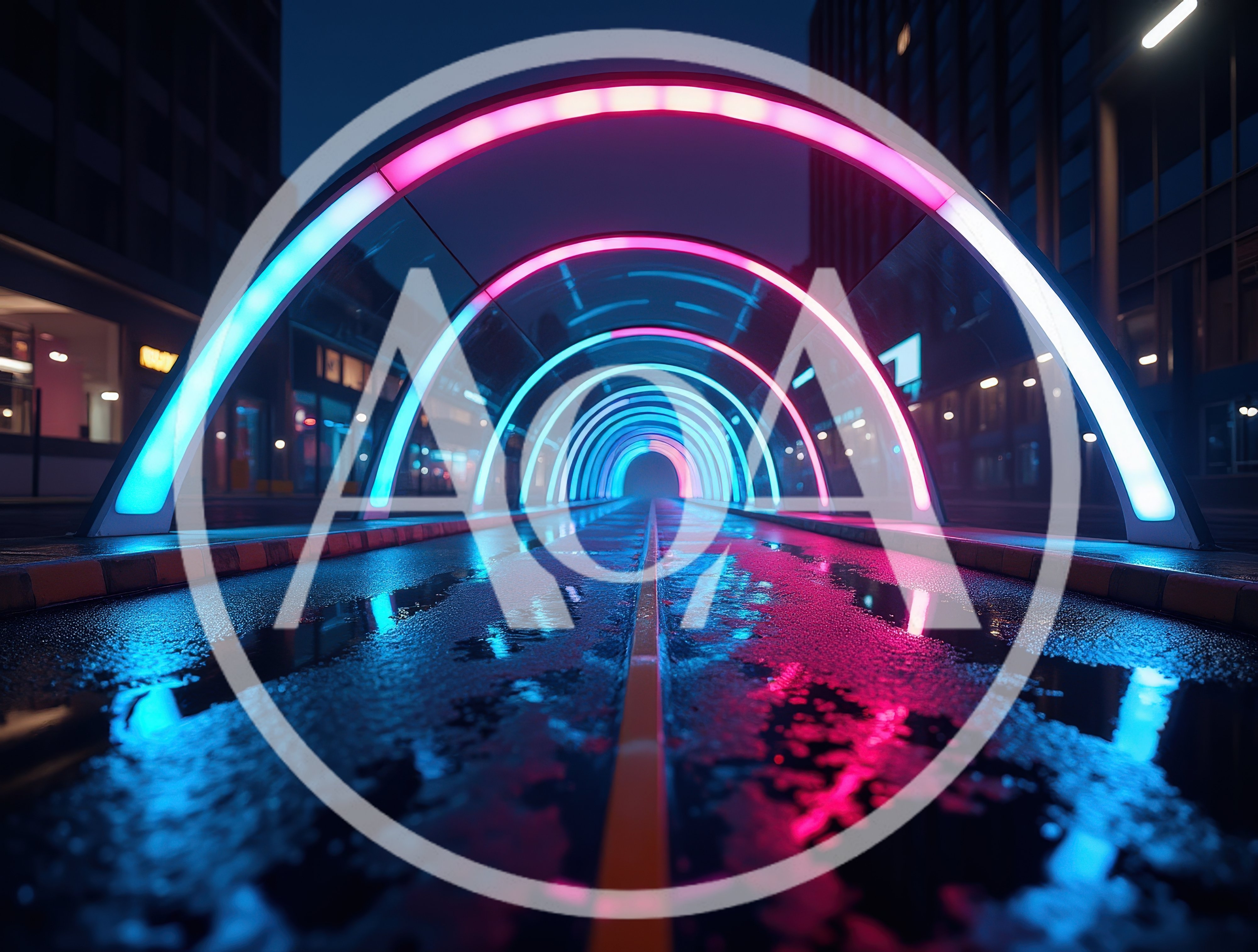 Futuristic Neon Tunnel With Reflective Wet Roadway