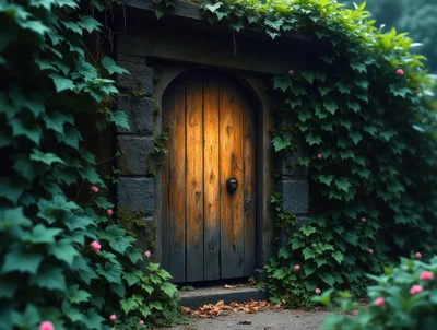 Old Wooden Door Set In A Lush Ivy Covered Wall