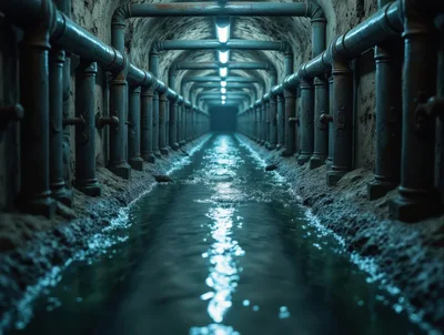 Dark Industrial Underground Sewer Tunnel With Flowing Water