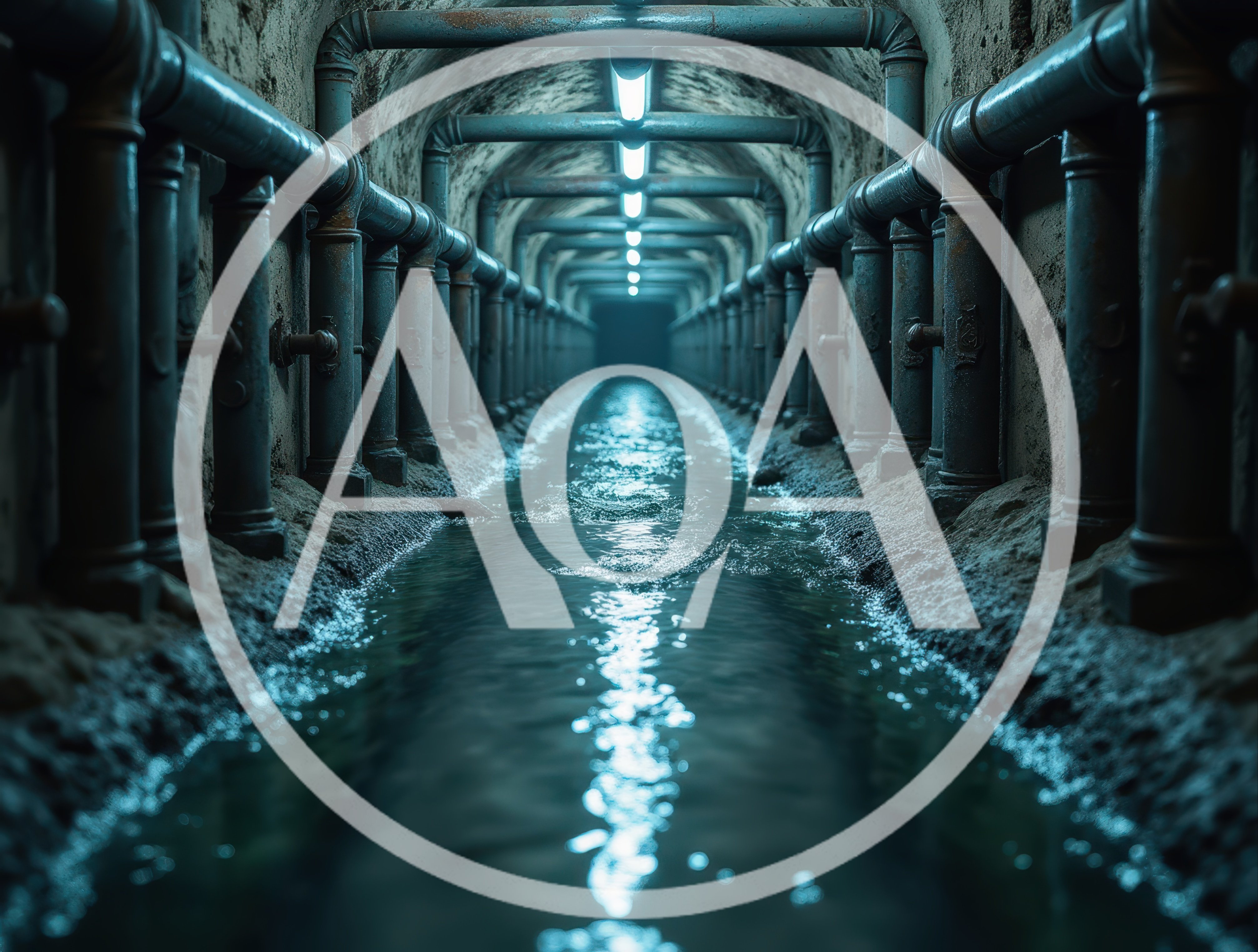 Dark Industrial Underground Sewer Tunnel With Flowing Water
