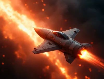 Futuristic Fighter Jet Flying Through Intense Fire