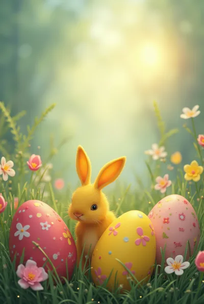 Cute Yellow Bunny With Decorated Easter Eggs