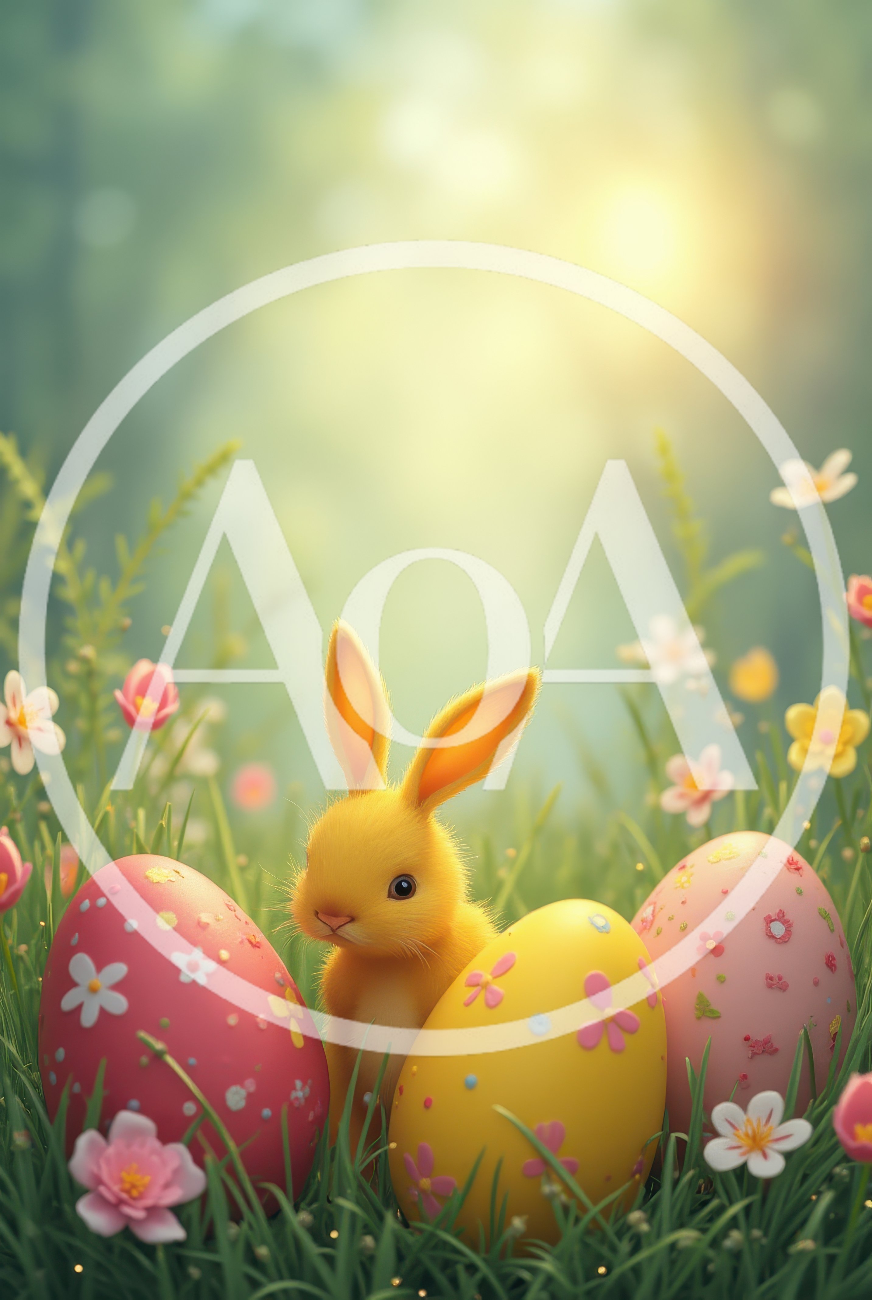 Cute Yellow Bunny With Decorated Easter Eggs