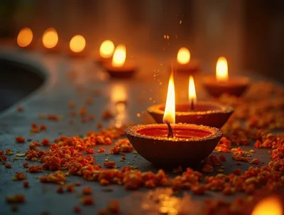 Diwali Clay Oil Lamps With Marigold Petals