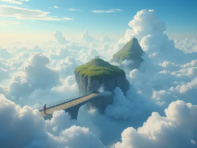 Person Walking Across A Bridge Between Floating Islands