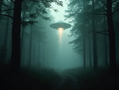 UFO Hovering Above A Misty Forest Path