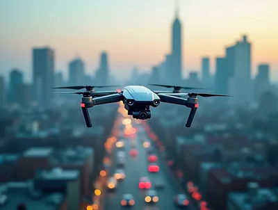 Modern Drone Flying Over Busy City Highway At Sunset