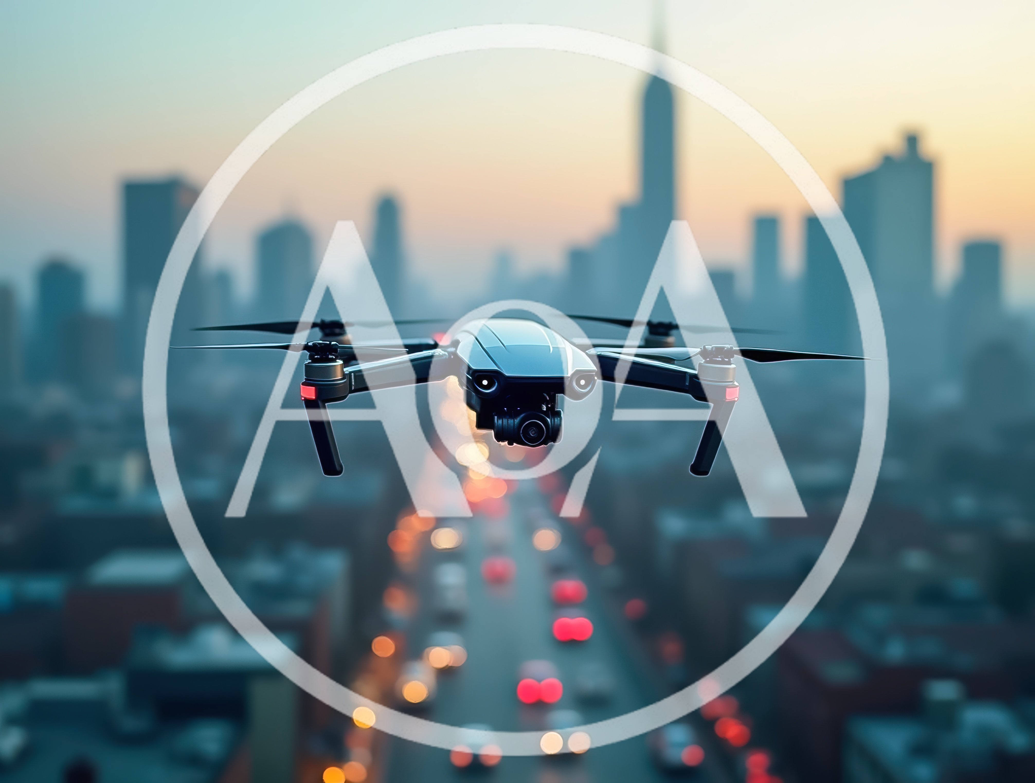 Modern Drone Flying Over Busy City Highway At Sunset