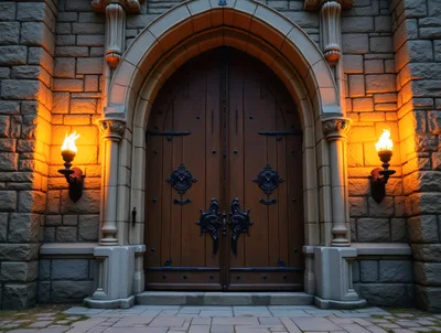 Gothic Stone Castle Entrance With Flaming Wall Torches