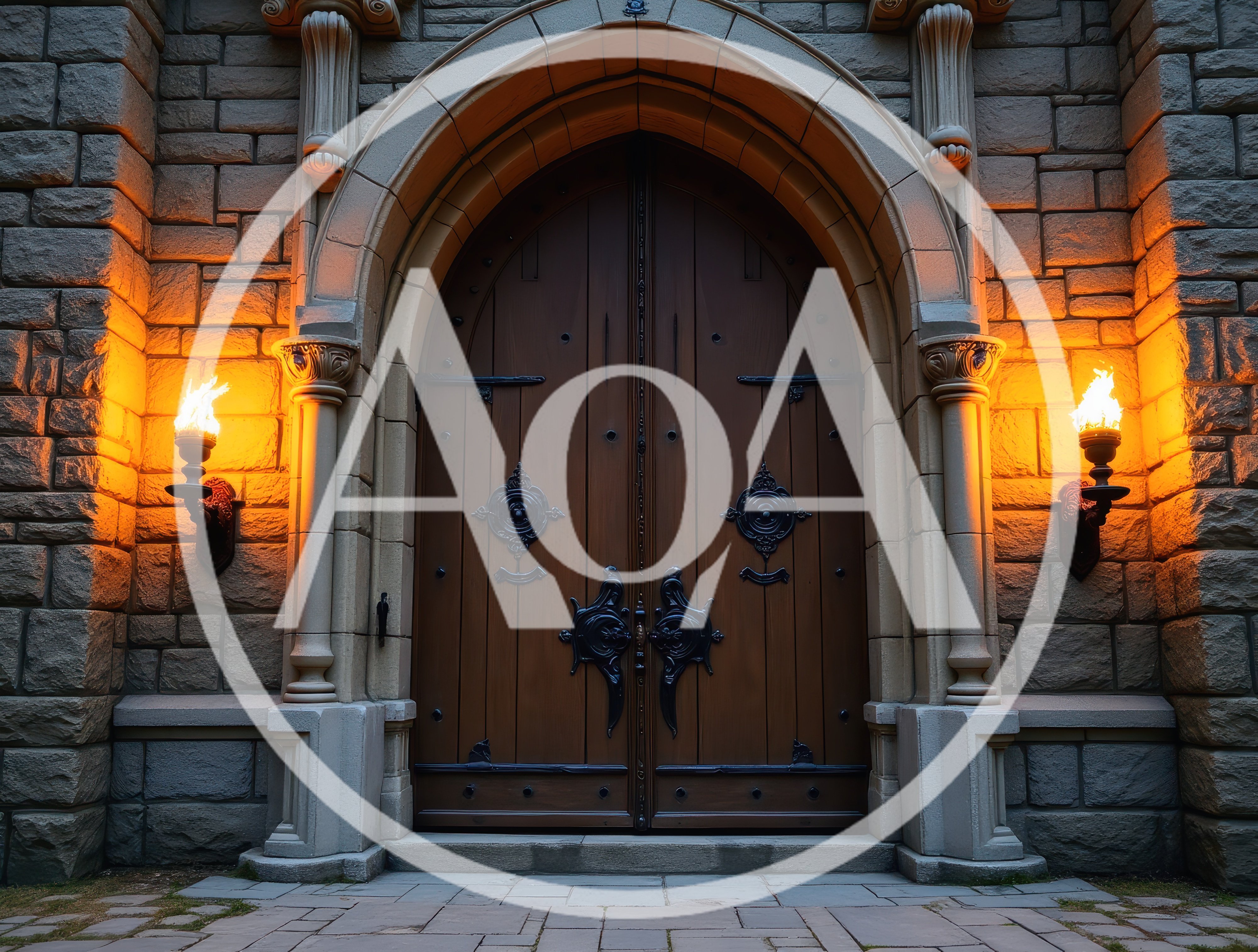 Gothic Stone Castle Entrance With Flaming Wall Torches