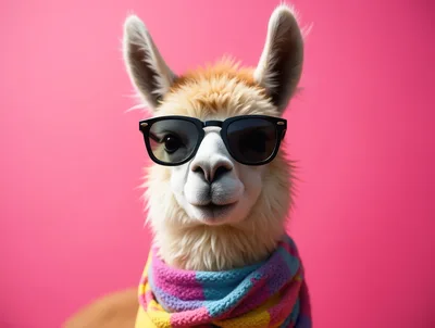 Portrait Of A Stylish Llama Wearing Sunglasses And Scarf