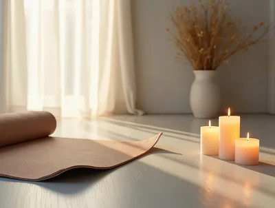 Yoga Mat and Lit Candles in Sunlit Room