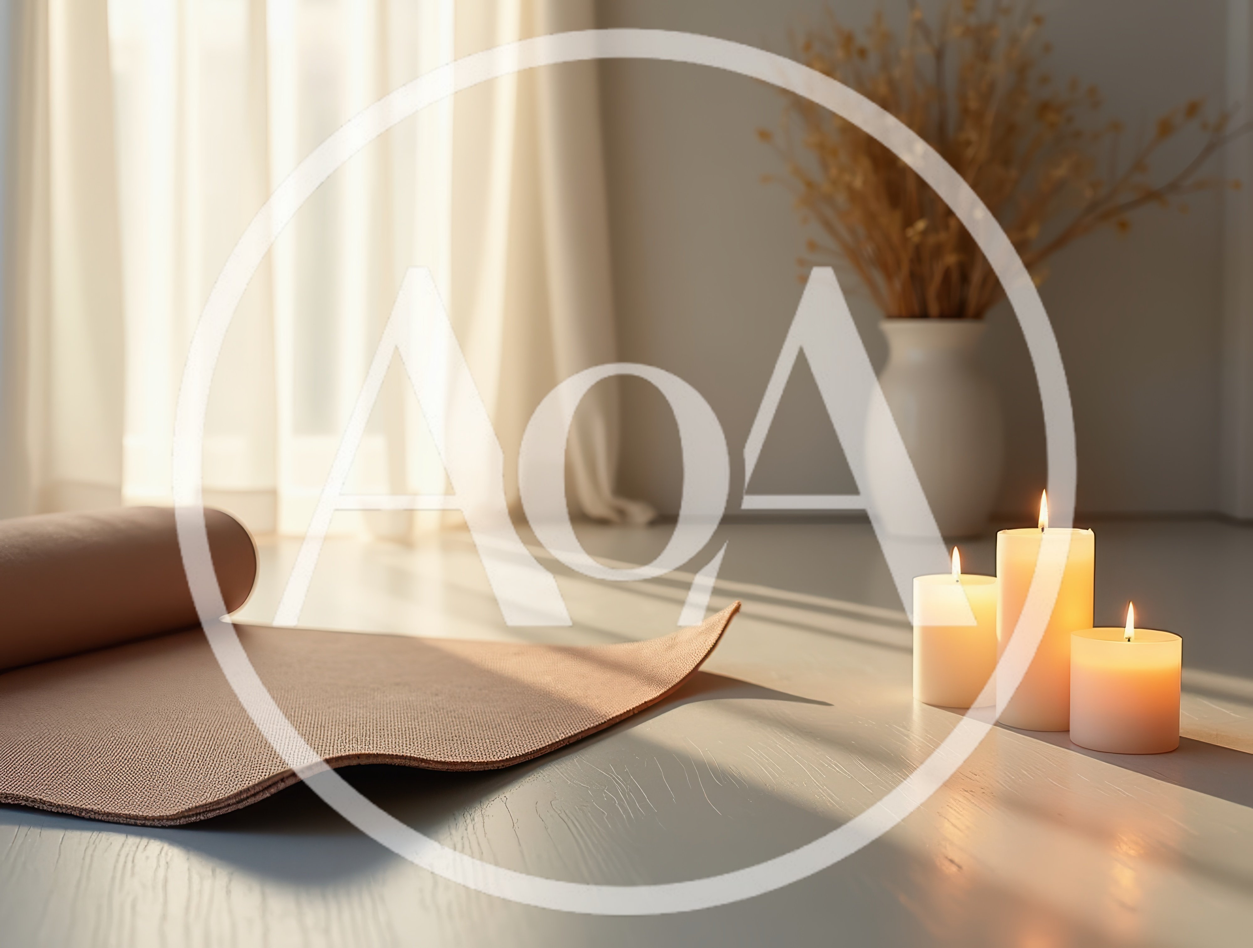 Yoga Mat and Lit Candles in Sunlit Room