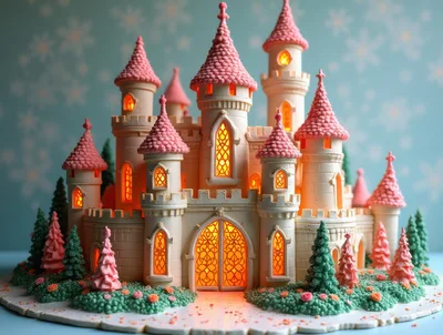Miniature Gingerbread Castle With Pink Roofs