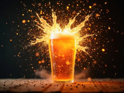 Explosive Beer Glass With Golden Liquid Splash