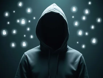 Anonymous Hacker Wearing Hoodie With Floating Digital Padlock Icons