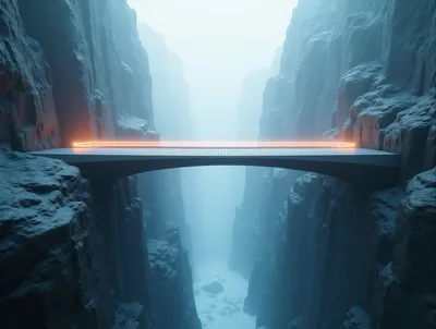 Futuristic Glowing Bridge Spanning A Deep Misty Canyon