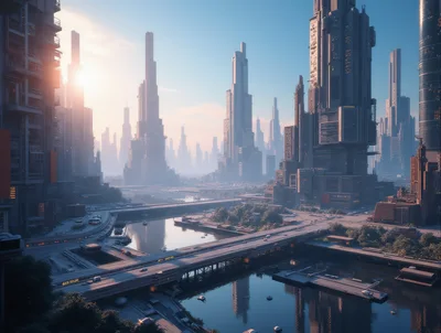Futuristic Megacity Skyline With Elevated Highways And Waterways