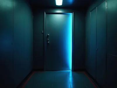 Glowing Blue Light Behind A Closed Metal Door