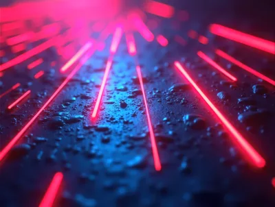 Abstract Neon Red Light Streaks On Wet Surface