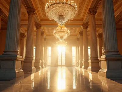 Grand Hallway With Crystal Chandeliers And Sunlight