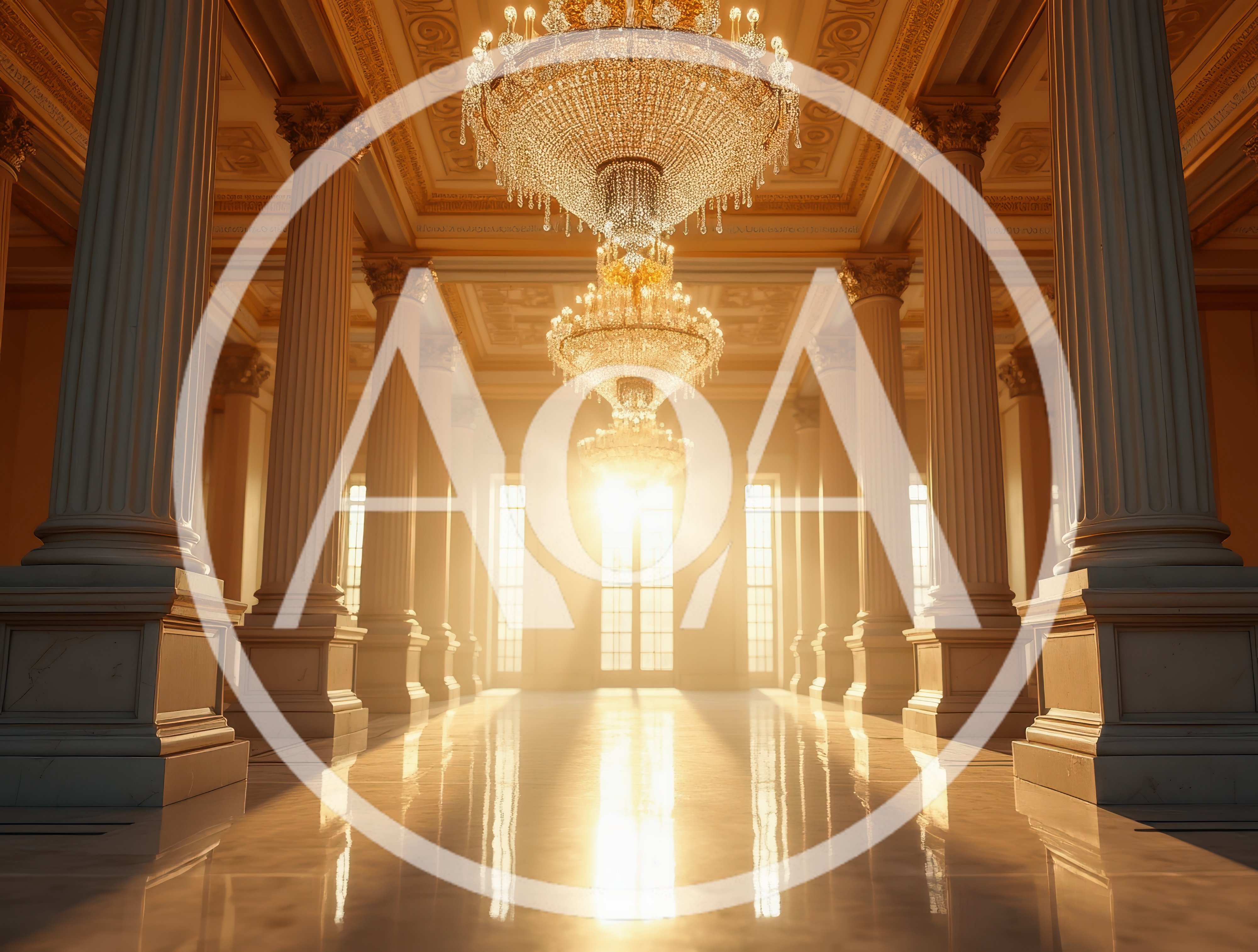 Grand Hallway With Crystal Chandeliers And Sunlight
