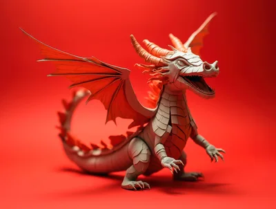 Papercraft Dragon Sculpture On Red Background
